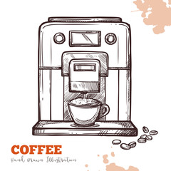 Coffee machine black hand drawn sketch isolated. Modern espresso maker in vintage engraved style isolated on white background. Vector illustration