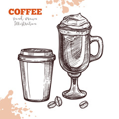 Coffee to-go and coffee cocktail in glass cup. Hand drawn sketch. Illustration in engraving style. Vector isolated on white for menu design, cafeteria, restaurants flyers and other design needs