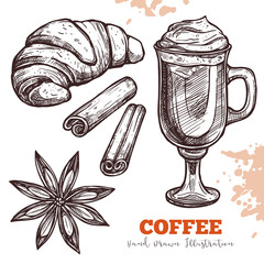 Croissant, cappuccino coffee, anise and cinnamon. Delicious breakfast or snack with coffee cocktail with spices and bakery products. Hand drawn vector sketch Illustration isolated on white