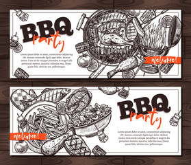 Invitations barbecue party card templates on wooden background. Hand drawn sketch BBQ grill food. Handbill in vintage style with sample text. Two horizontal vector cards