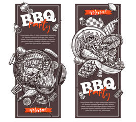 Two vertical posters or flyers on barbecue party. Flyers in retro style - invitation to BBQ event with composition of delicious varied food. Illustration hand drawn sketch. Vector  isolated on white - obrazy, fototapety, plakaty