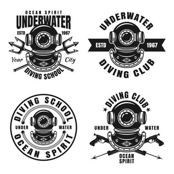 Diving school or club set of four vector emblems