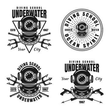 Underwater diving school set of vector emblems