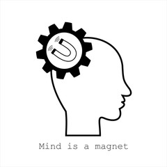 Symbol for mind is a magnet.  Concept for Web, Mobile or Apps. Profile of the head with gears and horseshoe.