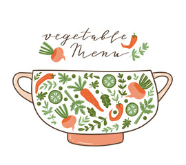 Healthy food poster with text - 'Vegetable menu'. Fresh vitamin salad. Vector illustration - vegetarian meal.