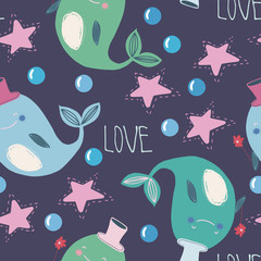 Vector seamless pattern on the marine theme with the image of cute whales, stars and the word love on a dark background