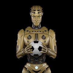 Futuristic robot or cyborg holding soccer ball. Front view. Isolated on black background. 3D Render.