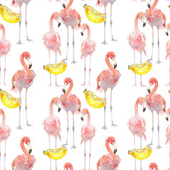 Schöner nahtloser Sommermusterhintergrund mit tropischem Flamingo und Bananen. Perfekt für Tapeten, Webseitenhintergründe, Oberflächenstrukturen, Textilien. Handgezeichnete Illustration isoliert auf weiß