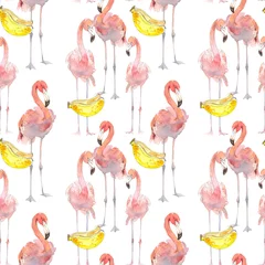 Fototapete Flamingo Schöner nahtloser Sommermusterhintergrund mit tropischem Flamingo und Bananen. Perfekt für Tapeten, Webseitenhintergründe, Oberflächenstrukturen, Textilien. Handgezeichnete Illustration isoliert auf weiß