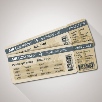 Boarding pass tickets template for a plane with passenger name and destination route. Vector illustration