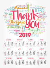 Calendar for 2019 year, Thank You word cloud in different languages, concept background