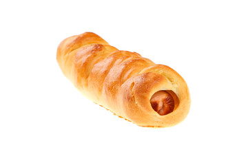 Traditional Bulgarian pasty breakfast dish named Krenvirshka, isolated on white background. Krenvirshka is a little bread stuffed with small hotdog like sausage (Krenvirsh in Bulgarian)