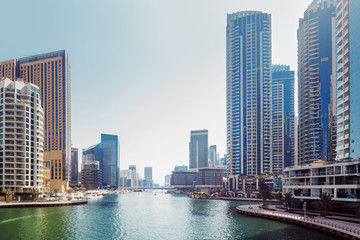 Dubai Marina area of large modern city.