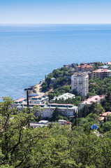 Resort city by the sea. Russia, Republic of Crimea. 06/12/2018: Foros urban-type settlement. View from the South Coast Highway