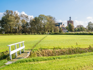 Polder landscape with pasture and Great Church of Workum, Friesland, Netherlands