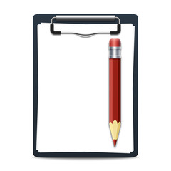 Clipboard with attached blank white paper sheets and pencil. Vector illustration isolated on white background