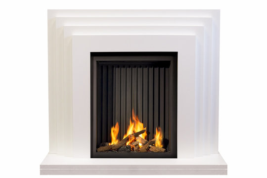 Beige marble fireplace with white background isolated