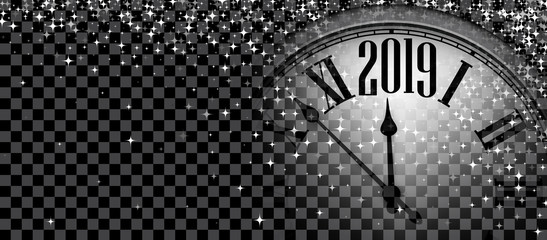 Fototapeta na wymiar Black shiny 2019 New Year banner with clock.