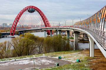 Moscow, Russia, Picturesque bridge. The picturesque bridge is a cable-stayed bridge over the Moscow river, the highest bridge of this type in Europe. 
