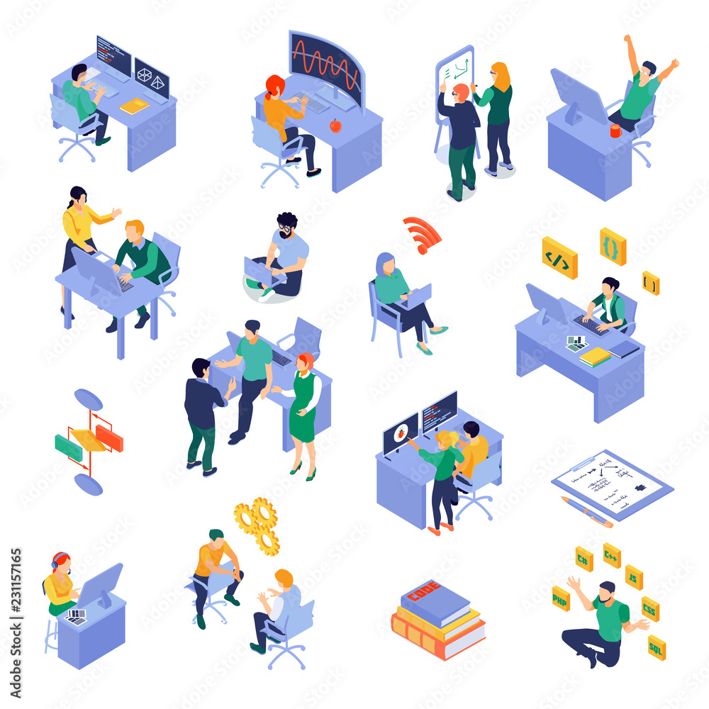 Wall mural programmers isometric set