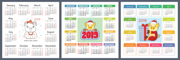 Calendar 2019. Christmas pig. Chinese New Year symbol. Week starts on Sunday. Vector color template collection. Basic calender grid. Square