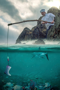 Cook fishing in the polluted sea