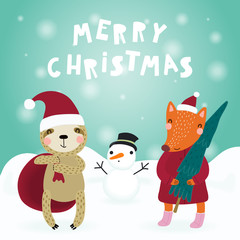 Hand drawn card with cute funny sloth, fox in Santa Claus hats, with snowman, sack, tree, text Merry Christmas. Vector illustration. Scandinavian style flat design. Concept for children print.