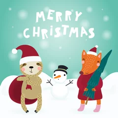  Hand drawn card with cute funny sloth, fox in Santa Claus hats, with snowman, sack, tree, text Merry Christmas. Vector illustration. Scandinavian style flat design. Concept for children print. © Maria Skrigan