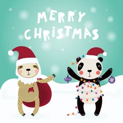 Foto op Plexiglas Hand drawn card with cute funny sloth, panda in Santa Claus hats, with sack, decorations, lights, text Merry Christmas. Vector illustration. Scandinavian style flat design. Concept for children print. © Maria Skrigan