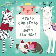Papier Peint photo autocollant Illustration Hand drawn card with cute funny animals in Santa Claus hats, smowmen, text Merry Christmas and Happy New Year. Vector illustration. Scandinavian style flat design. Concept for children print.
