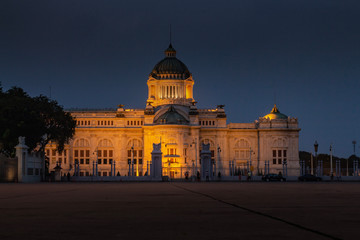 Anantasamakom throne hall. the Mable palace of the king of Thailand. Twilight blue hour at royal palace. Bangkok historical landmarks built in Italy style.