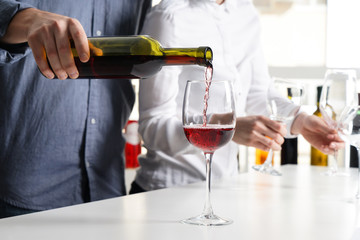 Barman pouring tasty wine in glass at party
