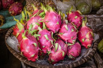 Dragonfruits at a street market basket in Vietnam