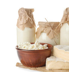 Different milk products on white background