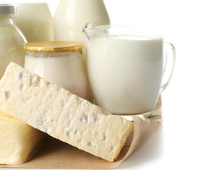 Different milk products on white background, closeup