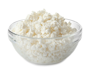 Cottage cheese in bowl on white background