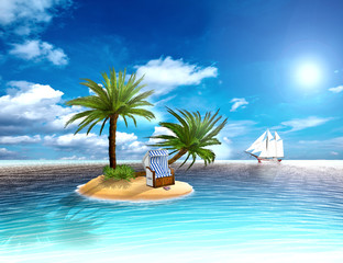 Strandkorb mit Palmen und Segelschiff auf einer einsamen Insel