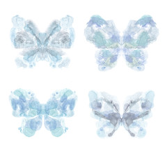 Isolated illustration of butterflies on a white background. Set of gouache prints in blue. Great for packaging design, textile