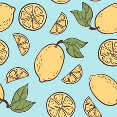 Wallpaper murals Lemons Beautiful seamless doodle pattern with vintage yellow colour cute lemons sketch. Hand drawn trendy background. design background greeting cards, invitations, fabric and textile