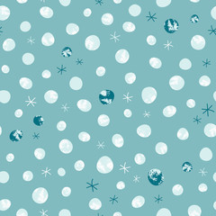 Simple seamless scandinavian pattern with snow, circle, dots. Winter vector illustration. Polka dot background. Craft stamp style.