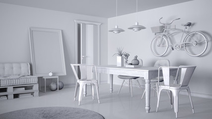 Total white project of scandinavian minimalistic living room with DIY pallet sofa and vintage dining table, contemporary architecture interior design