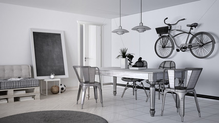 Unfinished project draft of scandinavian minimalistic living room with sofa and vintage dining table, contemporary architecture interior design