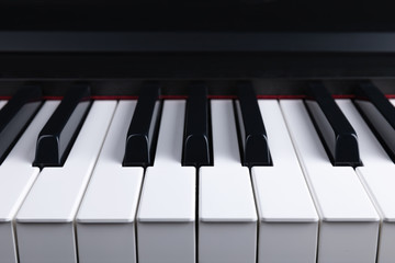 Grand piano keyboard with glossy black and white keys as a music, Select focus and soft focus.