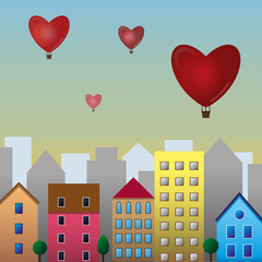 Flat design residential houses with balloons in the sky. Vector illustration romantic city