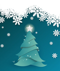Merry Christmas and Happy New Year greeting card with Christmas tree and snowflakes.