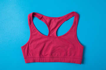 flat lay with pink sports bra isolated on blue, minimalistic concept