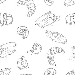Bread, loaf, bun seamless pattern. Vector illustration of bakery products seamless pattern. Hand drawn  bread.