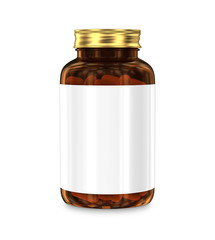 Glass bottle full of supplement capsules. Blank 3D container mockup