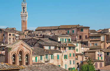 Fototapeta premium Beautiful cityscape with towers and old homes of Siena, Tuscany. Tile roofs of Italy. UNESCO World Heritage Site