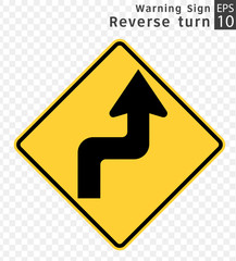 Road Sign. Warning. Reverse turn.  Vector Illustration on Transparent Background